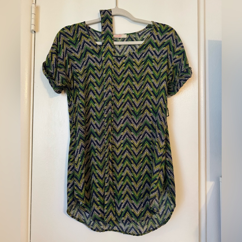 Pomelo Zigzag Patterned Short Sleeve Top - Green and Blue